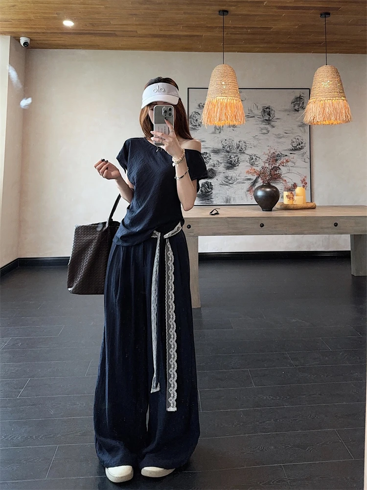 2025夏季露肩短袖休闲T恤衫上衣女装腰带高腰阔腿休闲长裤子套装