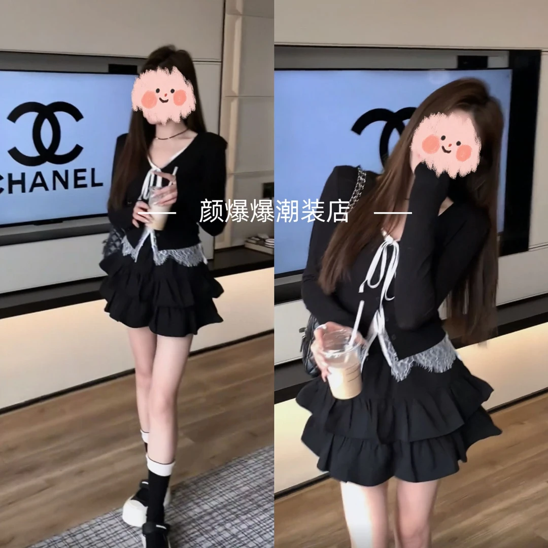 韩系纯欲辣妹风套装女2025春夏新款假两件针织开衫蛋糕短裙两件套