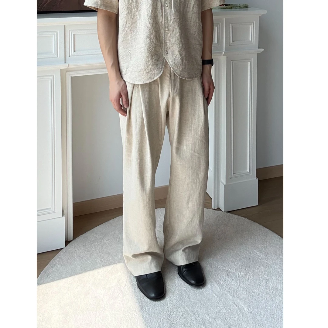 SUKCHOR 70亚麻混纺双褶立体剪裁全包边直筒微喇A字西裤