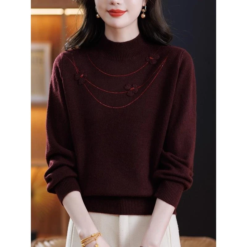 秋冬季新款羊毛衫女中年妈妈装立体花针织打底衫宽松大码毛衣上衣