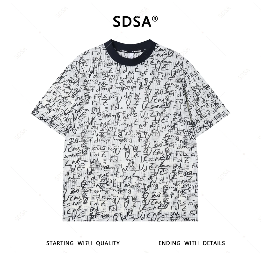 夏季高级感新款男士简约满印字母镂空短袖T恤百搭圆领宽松上衣