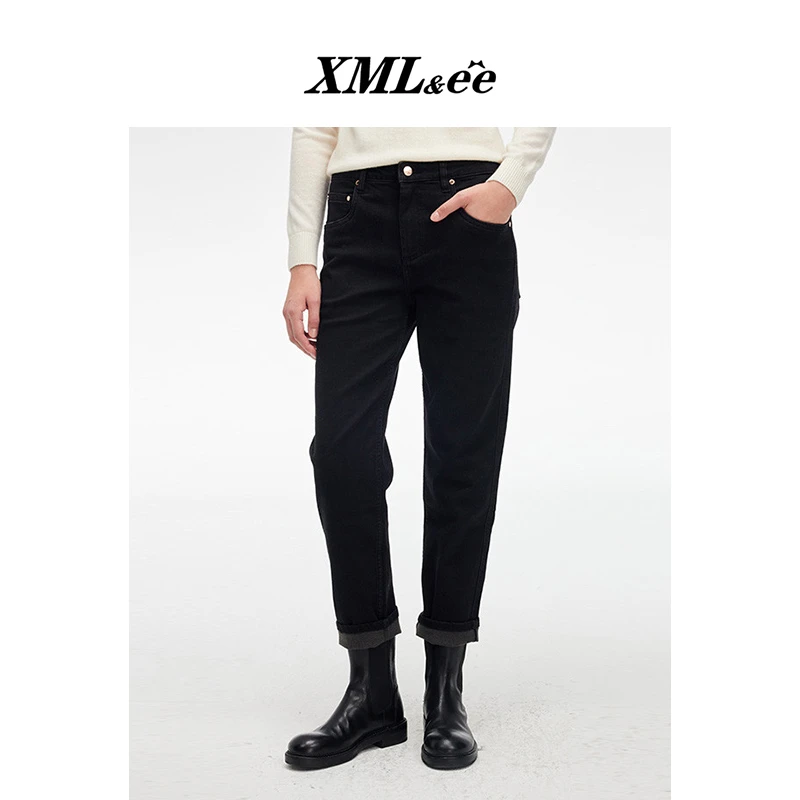 XMLee艾米尔 黑色高腰休闲百搭直筒牛仔裤 X342N3605