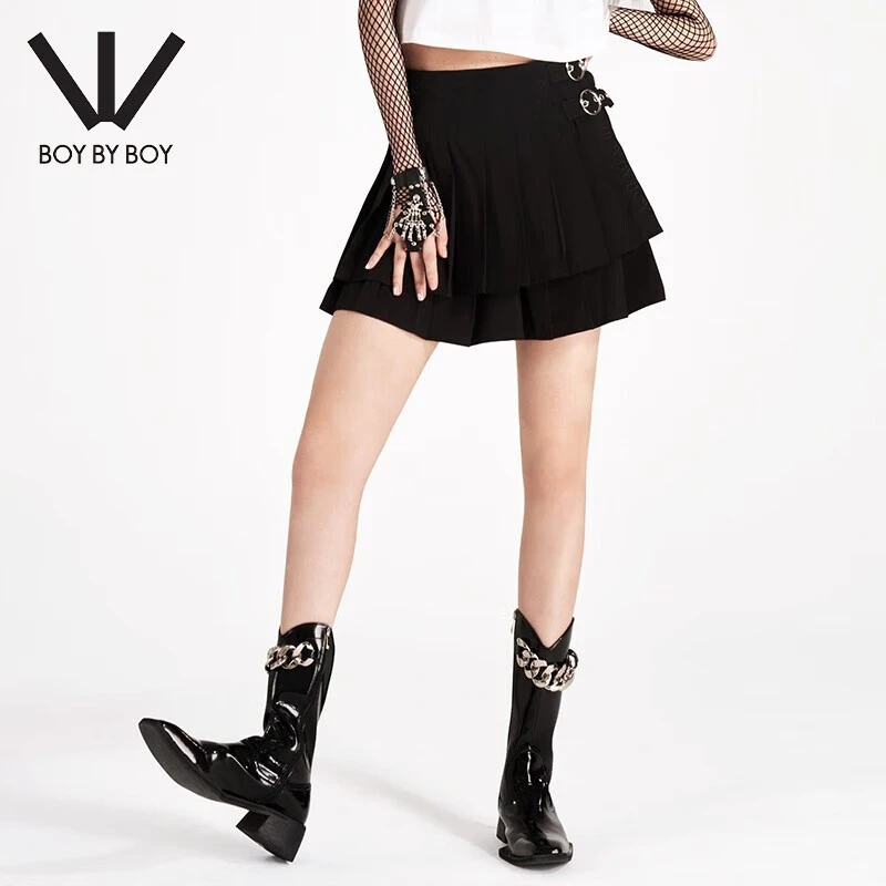 BOY BY BOY潮牌百搭腰带刺绣黑色百褶裙甜酷时尚半身裙W40000