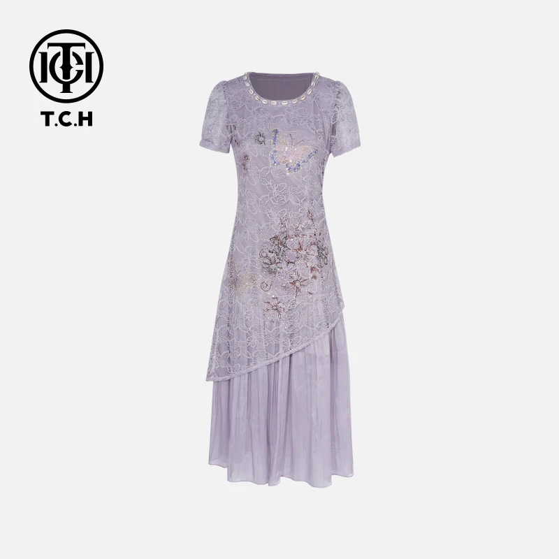 TCH私服烫钻工艺时尚设计感蝴蝶绣花连衣裙女T75B30E1128轻奢tch