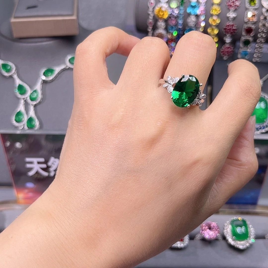 祖母绿戒指银S925镶嵌c z 20