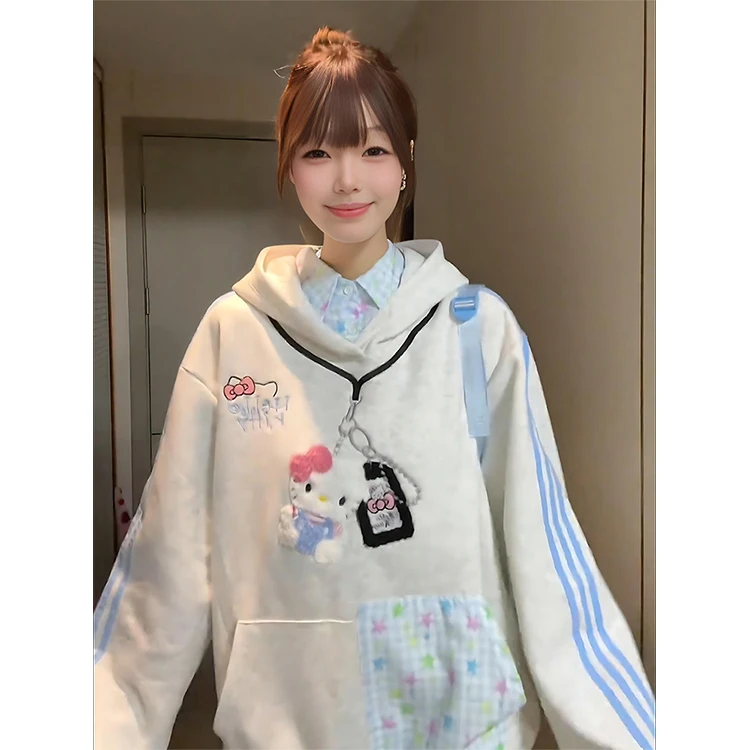 kitty猫刺绣假两件连帽卫衣女秋冬宽松慵懒风设计感小众套头外套