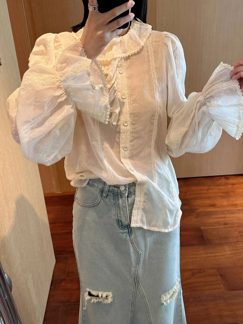 【张静芝】钩花边拼接小翻领花边袖衬衫