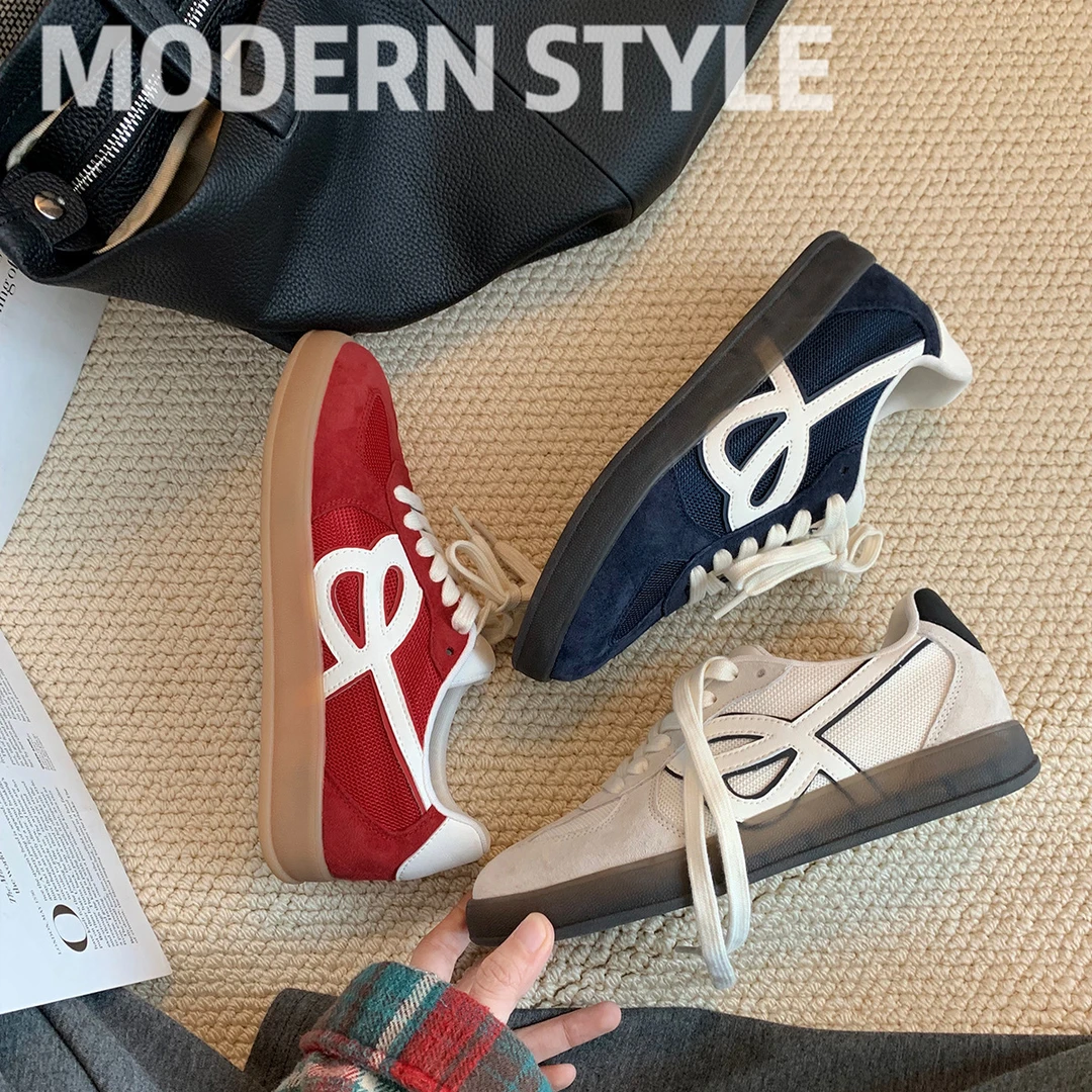 真皮复古拼色透气圆头系带厚底内轻便德训鞋