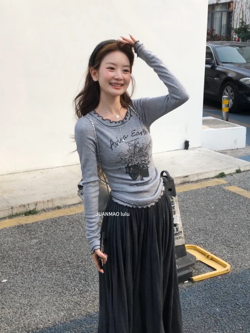 【直角温柔】设计感字母印花长袖针织衫女春新修身显瘦上衣t恤女潮