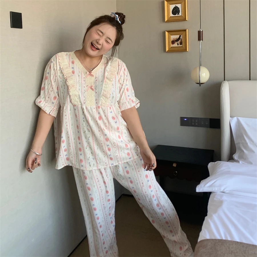 大码胖MM200斤夏季三件套V领花边透气粉条纹少女睡衣家居服
