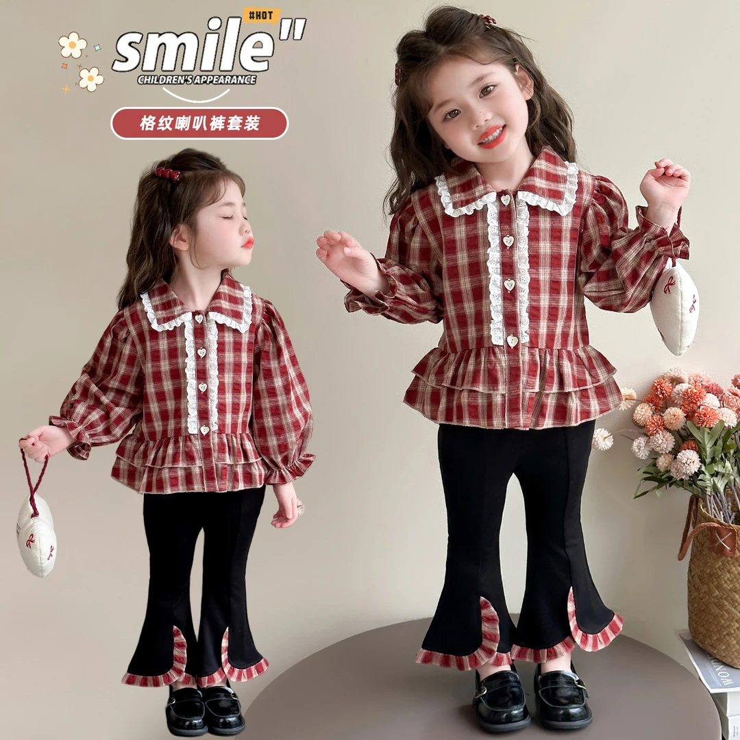 女童套装洋气时髦儿童衬衫喇叭裤两件套小女孩宝宝春秋装2025新款
