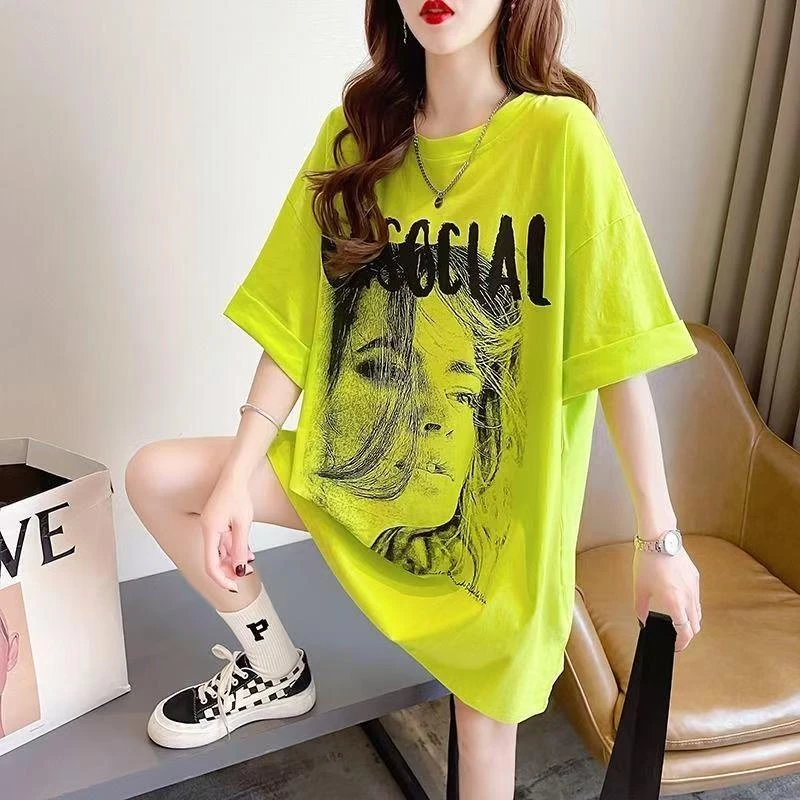 2025夏季新款100%纯棉荧光绿短袖t恤女中长款宽松显瘦学生上衣ins