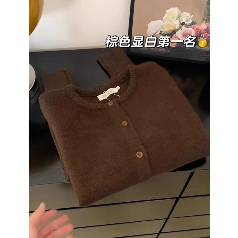 欧洲站高端复古棕色针织开衫毛衣女秋冬季浣熊绒软糯慵懒外套上衣