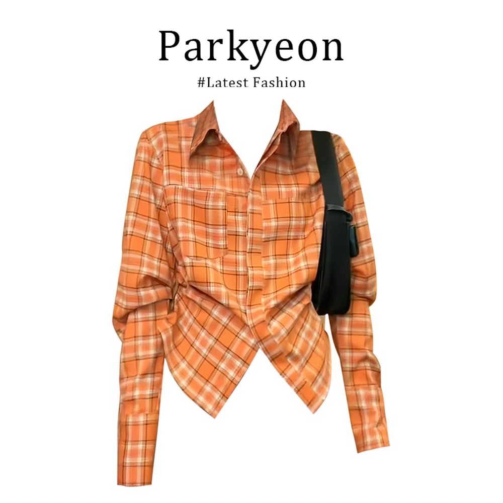 parkyeon美式显白橘色翻领格子长袖衬衫女早秋设计感显瘦收腰上衣