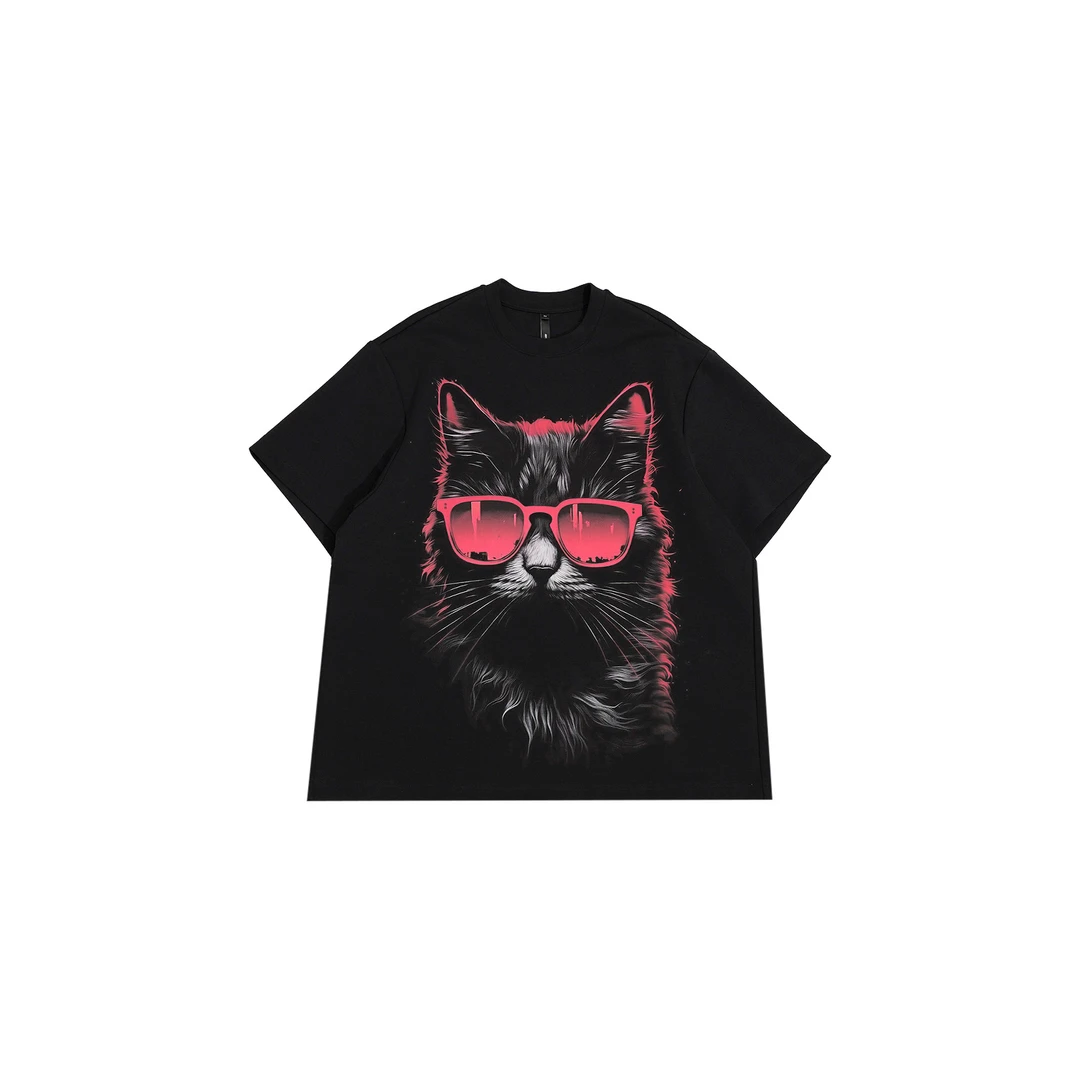 25N夏季新款轻奢高级感美式街头嘻哈气质“来财cat”短袖大T 152012