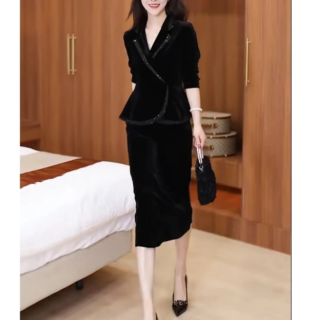 气质套装修身时尚西装长袖半身裙小香风黑色洋气显瘦套装