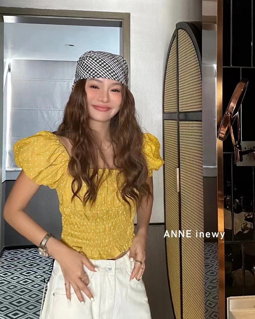 2025 韩版波点一字肩女装甜美修身短款上衣