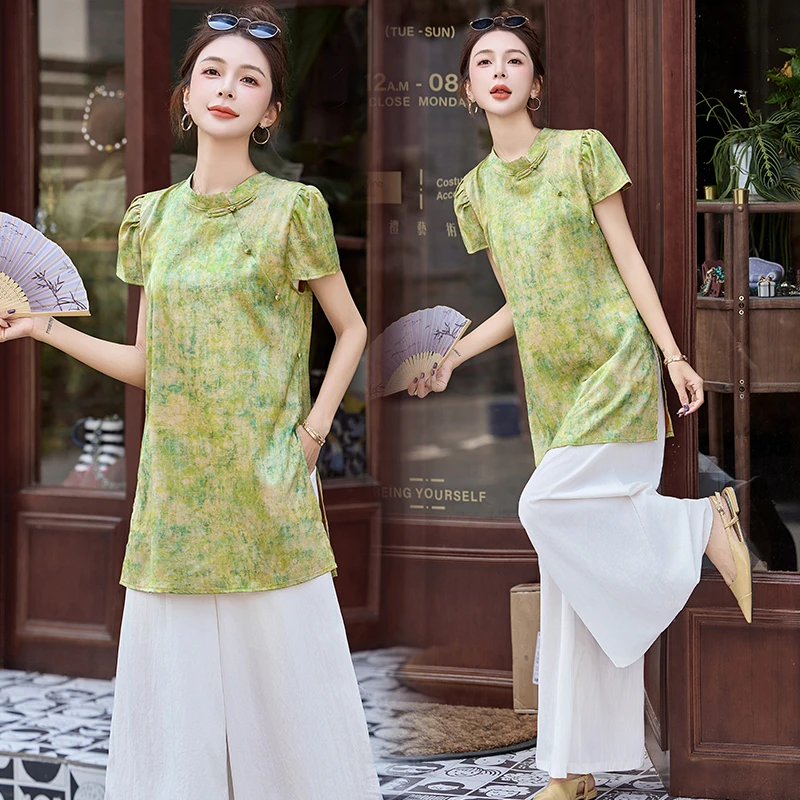 新中式国风改良旗袍套装女2025夏季新款复古盘扣宽松阔腿裤两件套