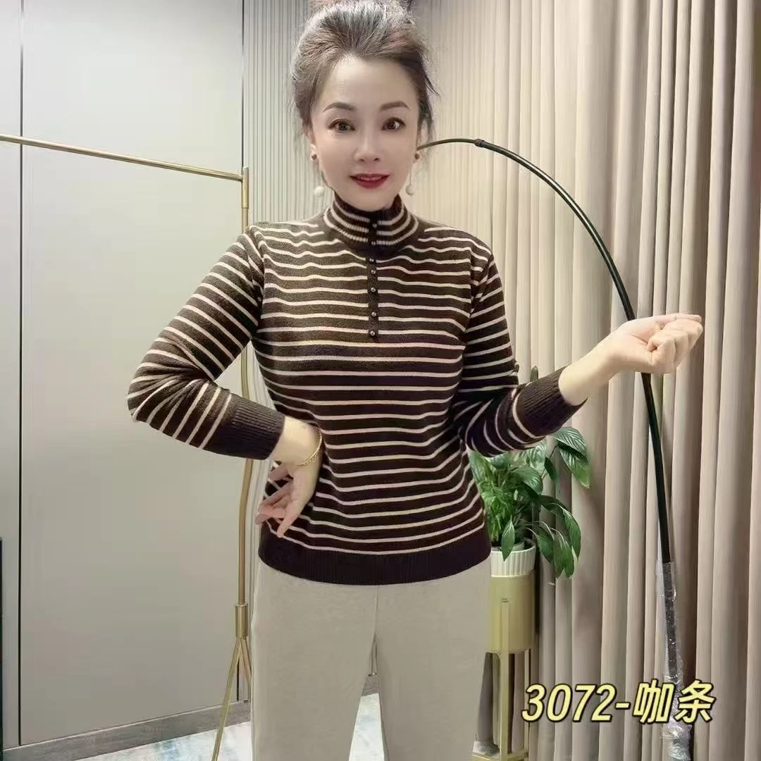 长袖常规款保暖条纹针织毛针织衫上衣加绒秋冬网红