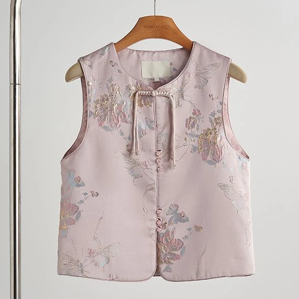 2025年早春新款中国风马甲小个子马甲背心新中式薄款粉色提花上衣