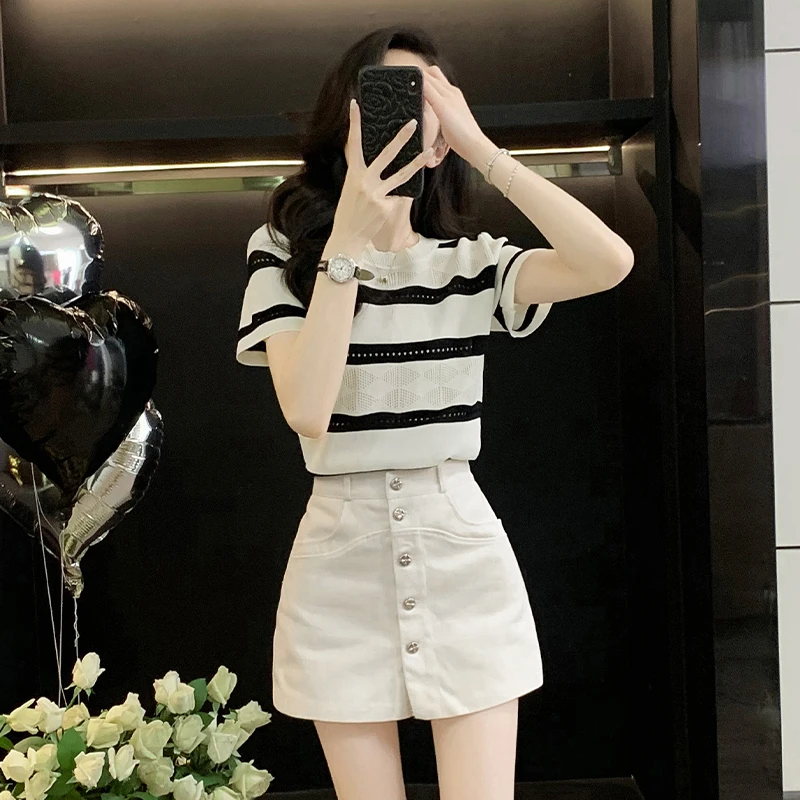 慵懒风条纹宽松短袖t恤女装夏季休闲新款韩版半袖百搭针织衫上衣