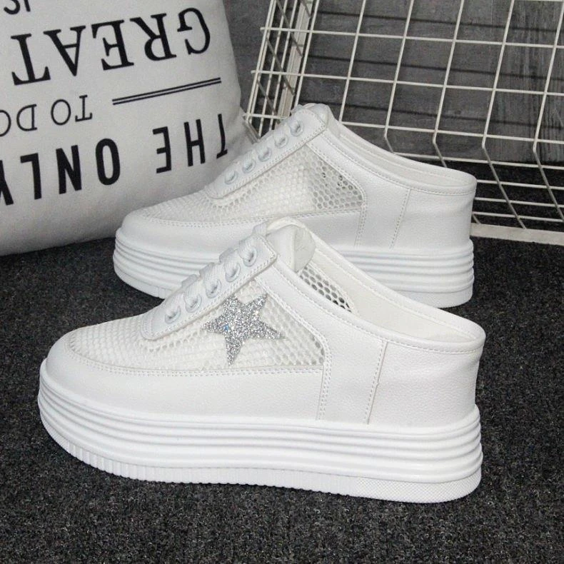 秋季春夏新款透气内增高半托小白鞋女韩版无后跟懒人一脚蹬单鞋女