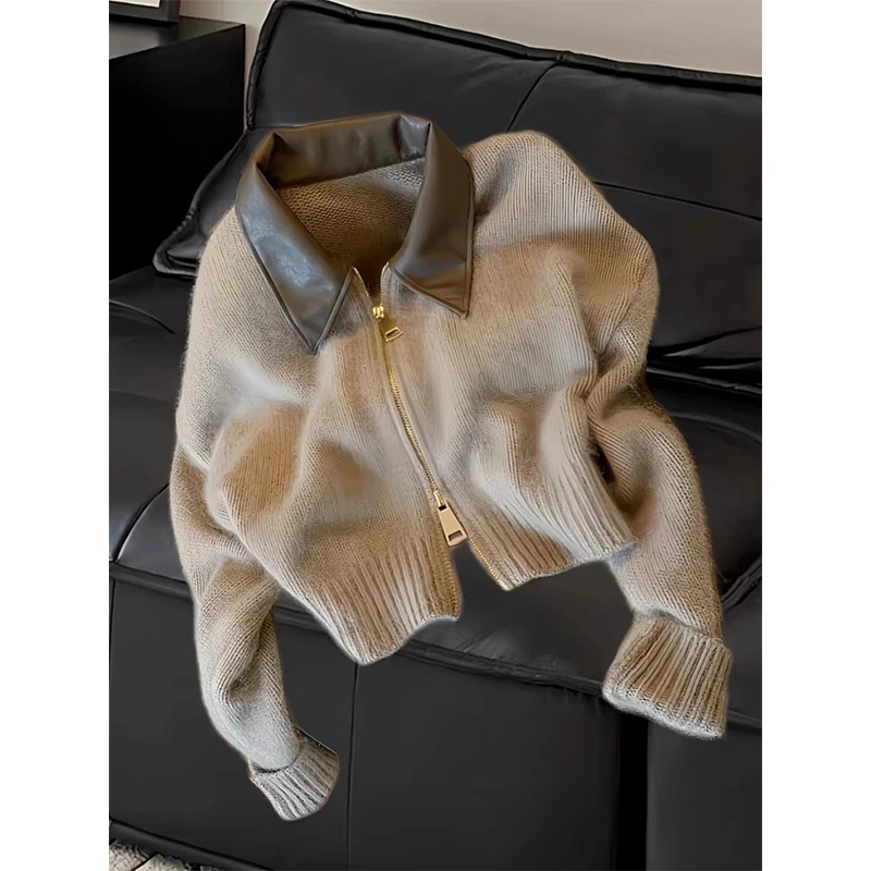 秋季时尚高级感皮POLO领拼接针织开衫双头拉链慵懒风绒毛衣外套女