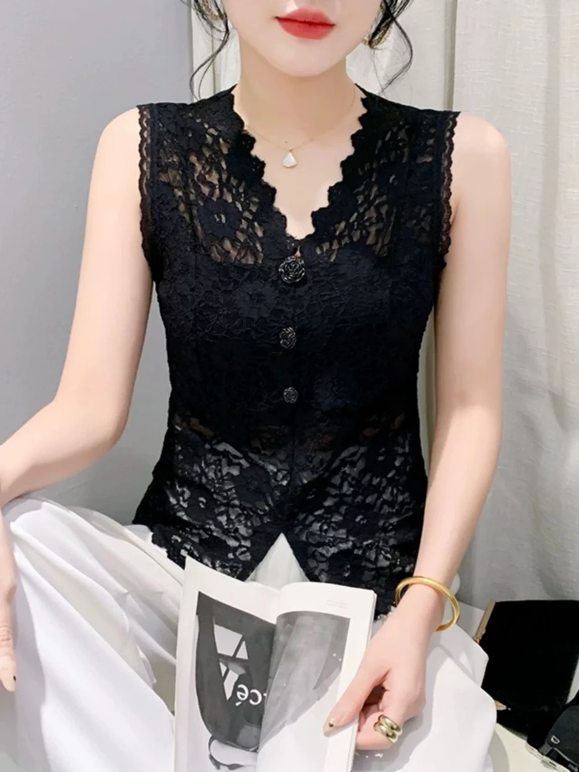 性感女神系列-新中式中国风气质百搭蕾丝薄款无袖打底背心马甲