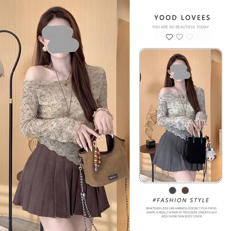 巨好看的一整套2025春秋新款修身显瘦不规则长袖t恤百褶裙两件套