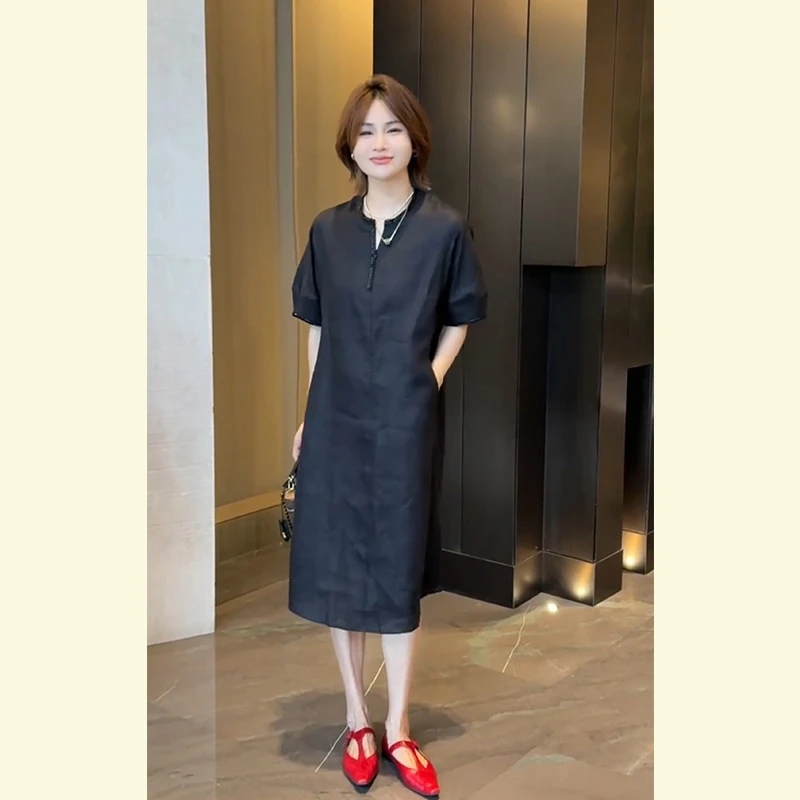 巨好看的夏装微胖重要场合法式小众气质黑色棉麻亚麻短袖连衣裙女