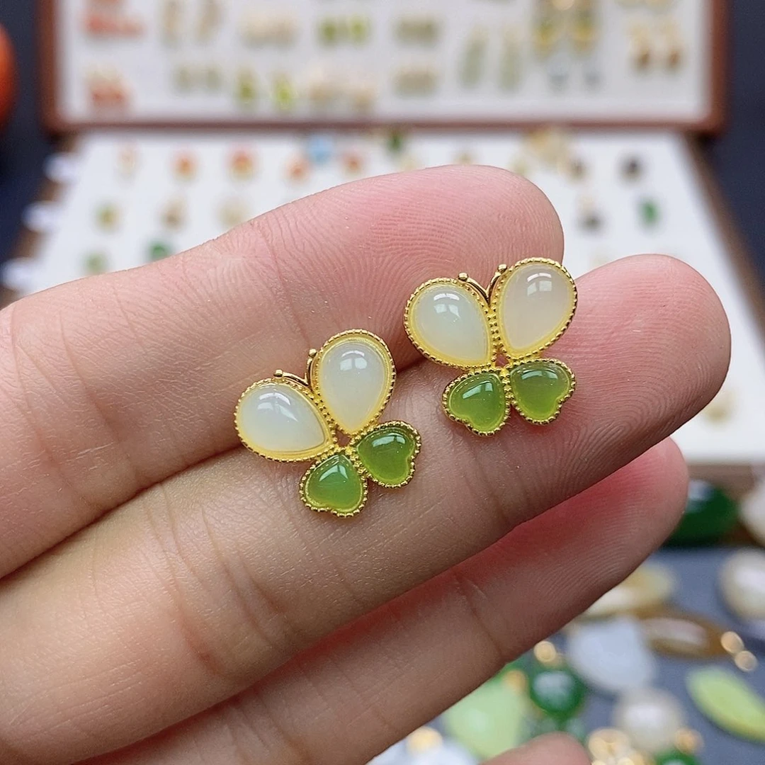 隔***6和田玉银S925镶嵌耳饰