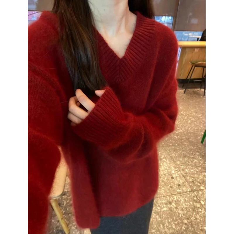 【红色V领】早春V领百搭加厚纯色针织红色毛衣女