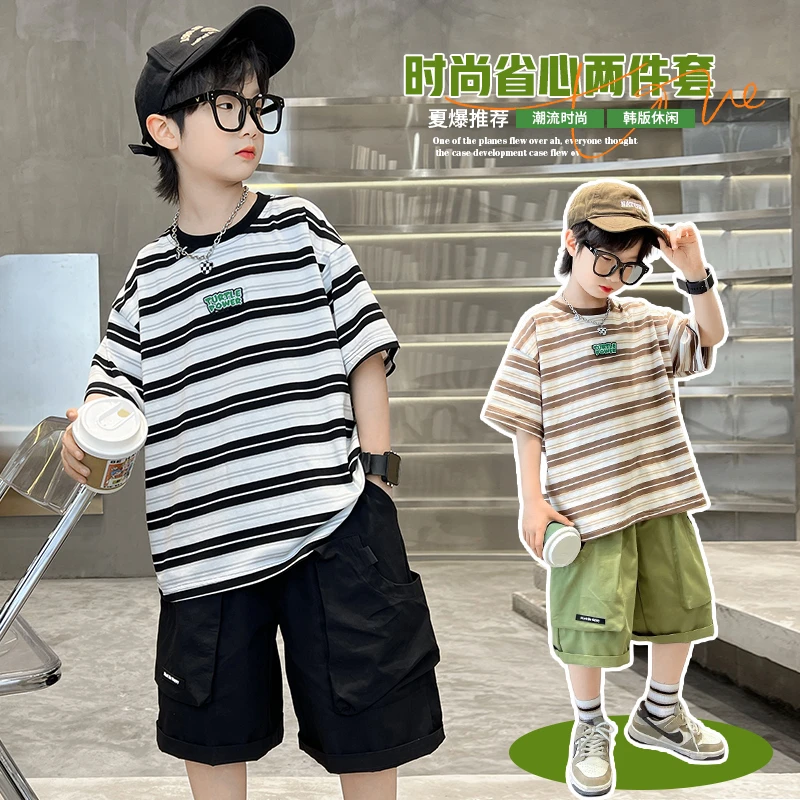 条纹贴标爆款棉质舒适短袖洋气男中大童蓝薄款夏款帅气上衣T恤