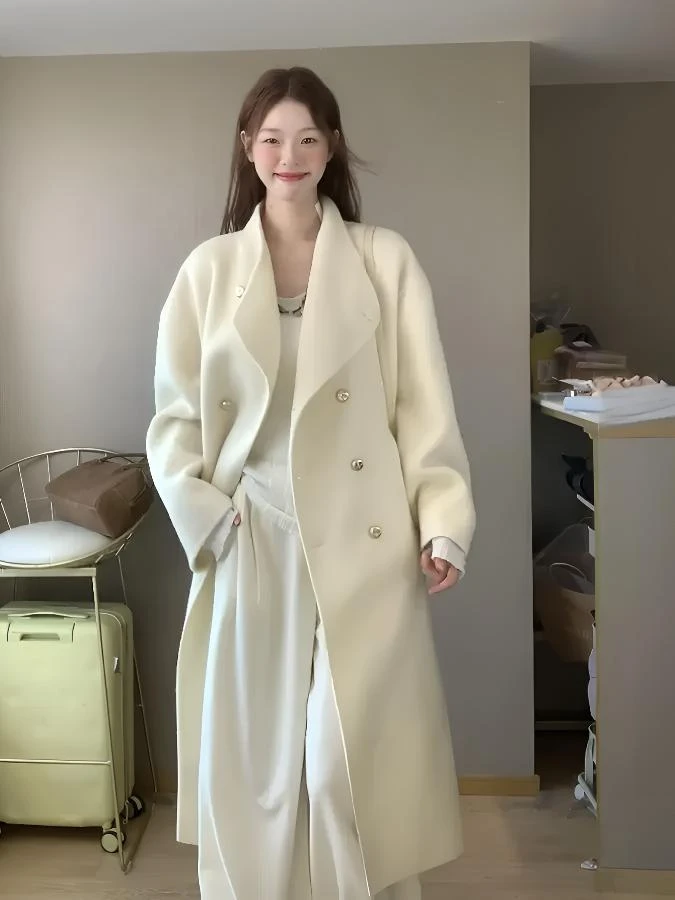 双面羊绒大衣女中长款2025秋冬新款韩版宽松燕麦色高端羊毛呢外套