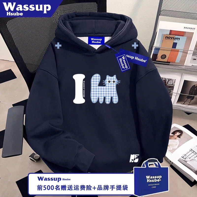 WASSUP HSUBE藏青色连帽套头卫衣秋冬季格纹猫咪印花男女新款上衣