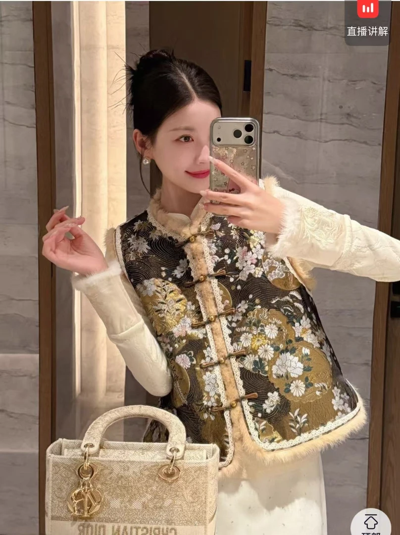 黑色高端新中式水貂毛织金提花马甲年轻夹棉外穿背心国风气质保暖