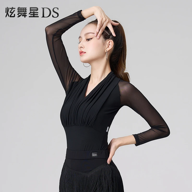 秋冬跳交谊舞网红拉丁舞服上衣女摩登舞练功服褶皱网纱长袖蓝色