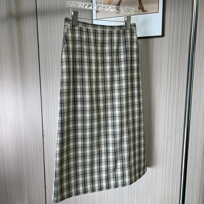 1145撤柜sr格子开叉半身裙中长款高腰新款显瘦一步裙子