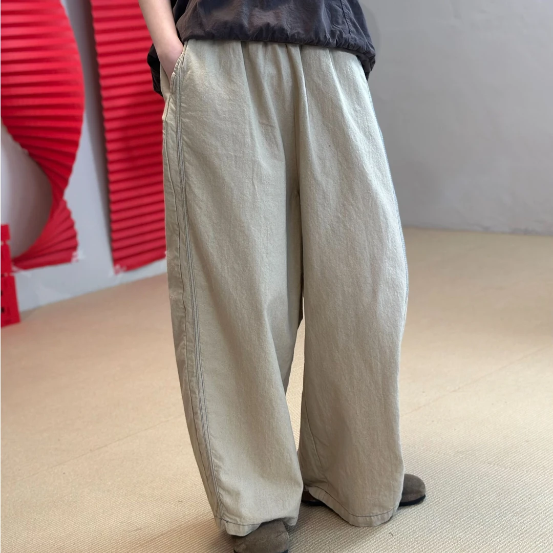 【现货】忆古朴拙241215-1松紧腰透气休闲裤复古韩版春季直筒裤