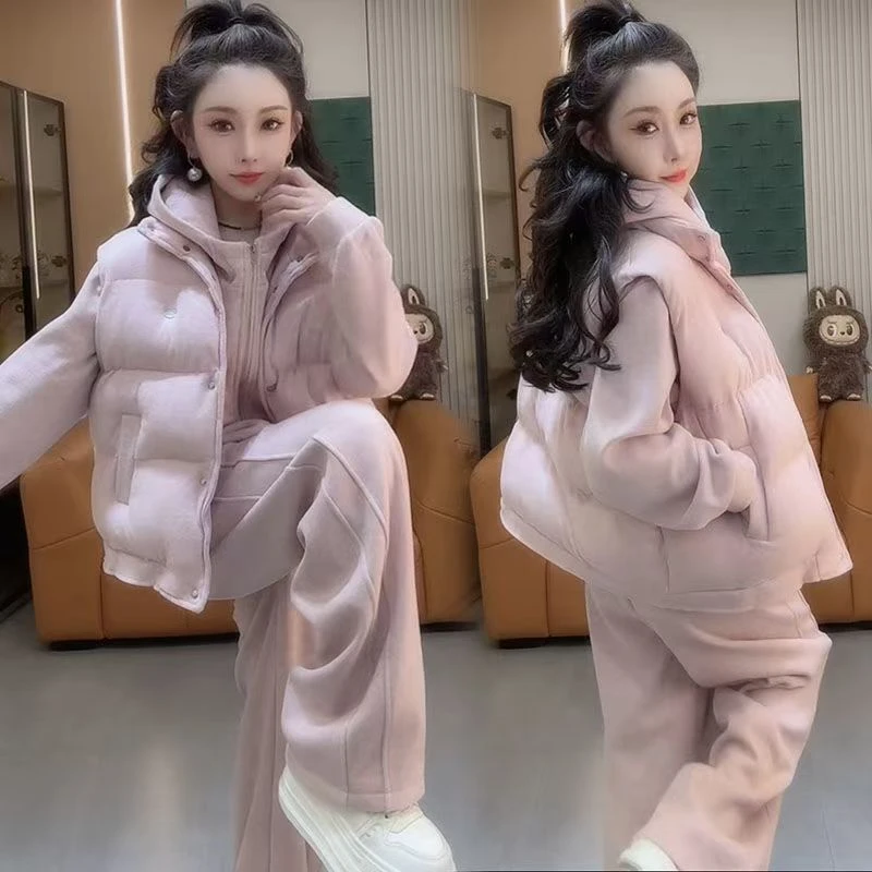 2025冬季新连帽棉马甲三件套女设计感休闲百搭显瘦加绒卫衣阔腿裤