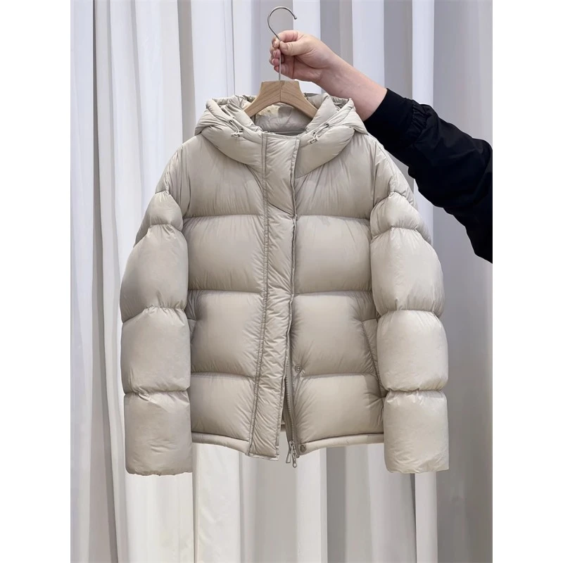 米白色短款羽绒服女2024冬季新款小个子休闲加厚白鸭绒面包服外套