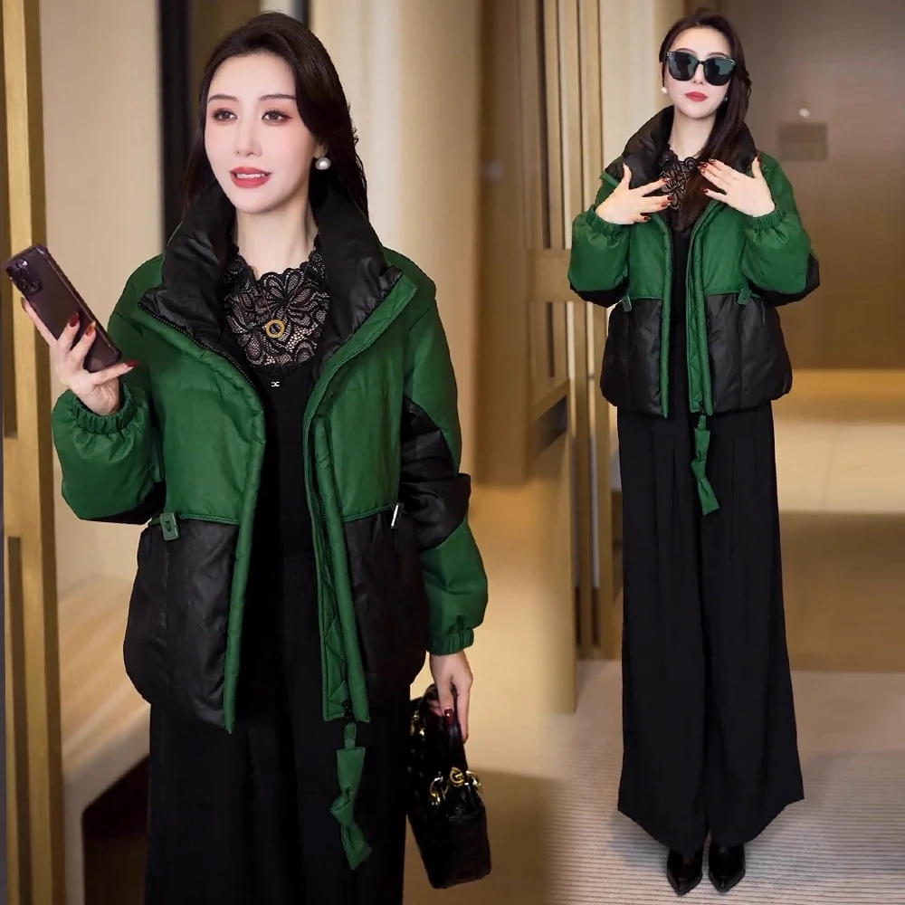 时尚撞色拼接短款棉衣女2025冬季新款洋气宽松百搭加厚立领棉服潮