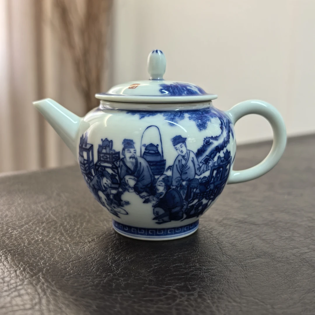 景德镇 仪贤堂 柴窑手绘青花松下斗茶图小茶壶陶瓷壶泡茶壶