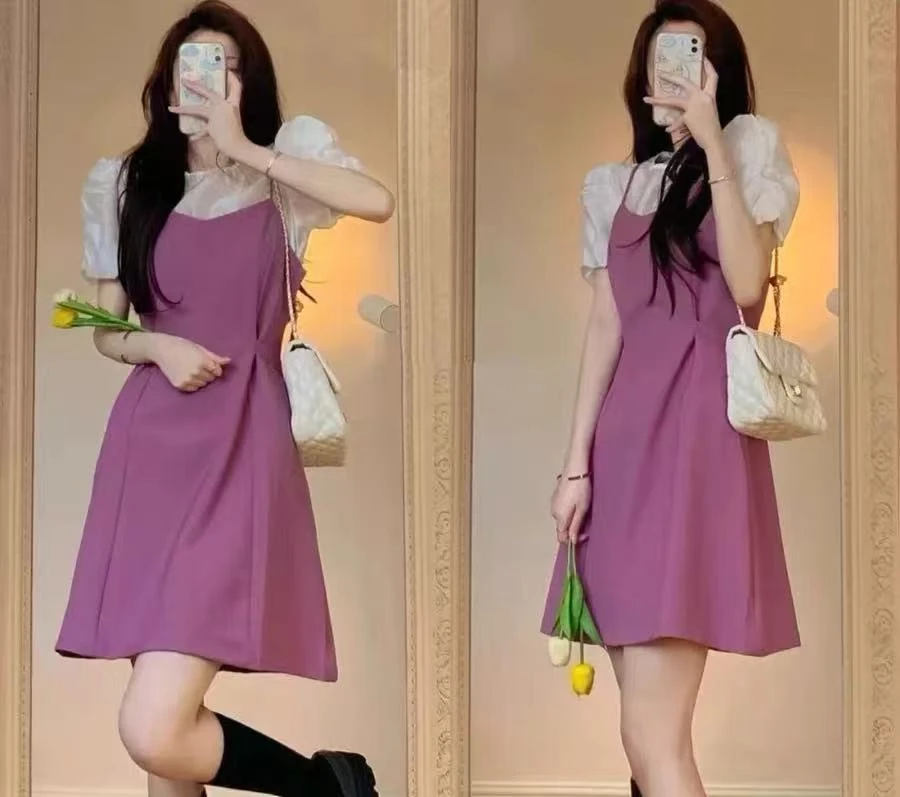 3824 正肩泡泡袖小衫+气质收腰吊带连衣裙两件套