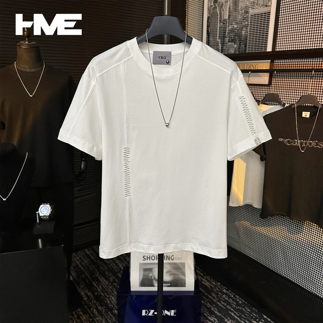 【季末5折】夏季明线刺绣拼接袖口绣标装饰设计冰感棉圆领短袖T恤男