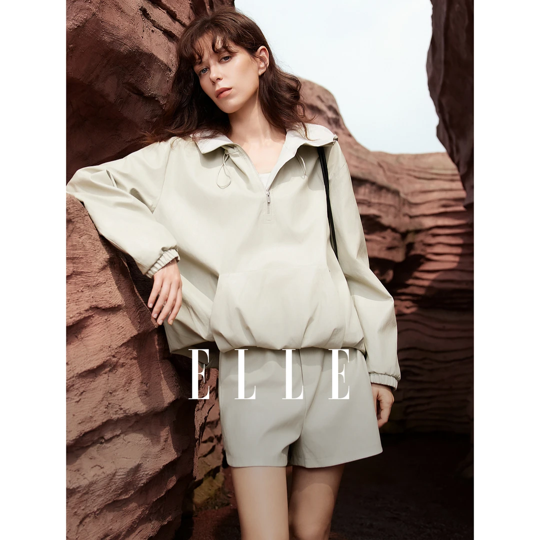 ELLE高智格雷工装连帽风衣短裤两件套女2025秋季卫衣穿搭EA52446