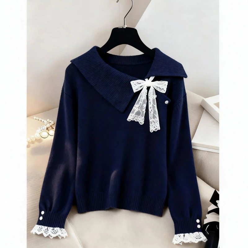 法式气质蓝色翻领毛衣女秋季新款蕾丝拼接长袖针织衫套头短款上衣