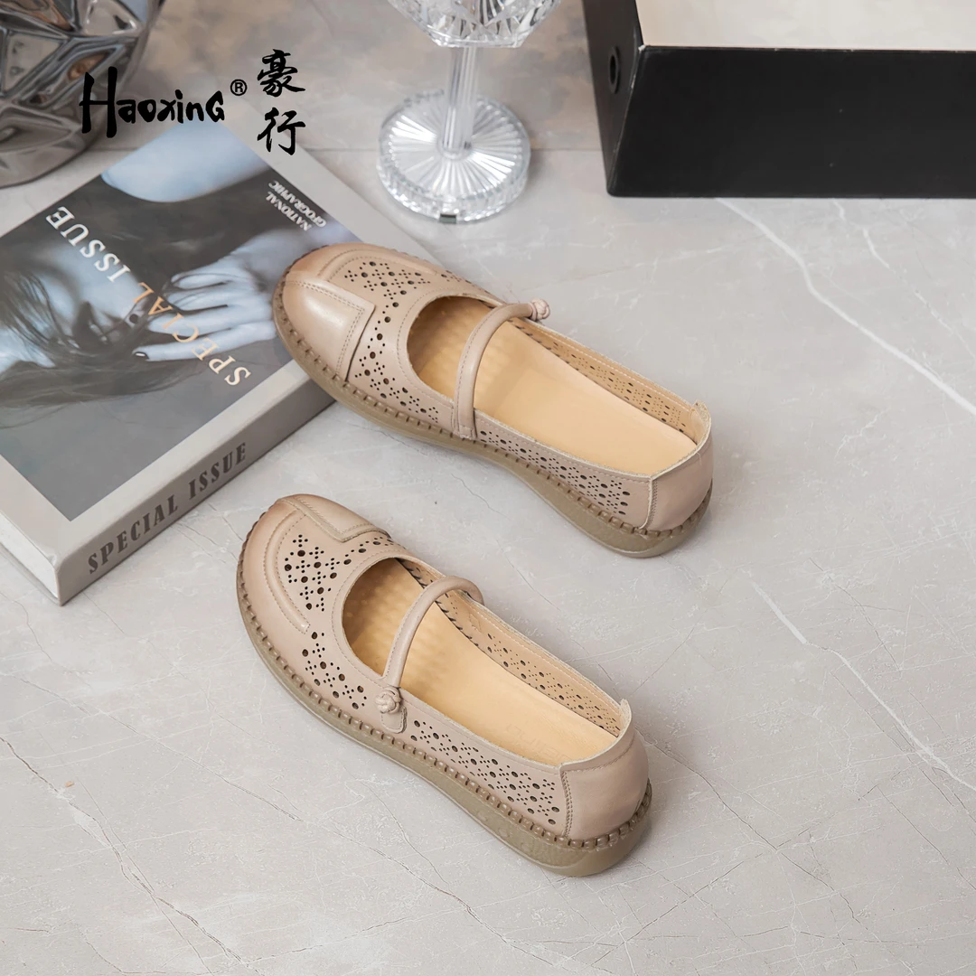 豪行真皮软底镂空透气妈妈鞋25243011浅口打孔女鞋2025夏季新款