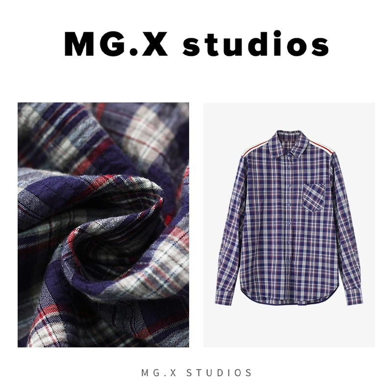 【蓝格紫序】MGX格纹衬衫红白条纹装饰宽松中性休闲上衣DPMO5I152