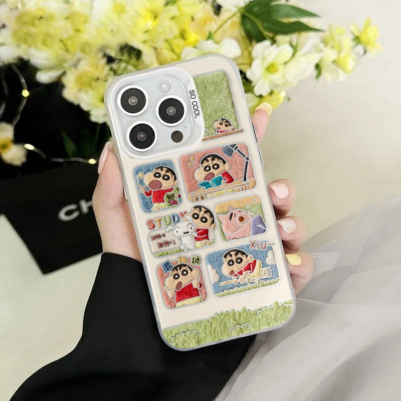 毛绒纹小新漫画彩银壳适用于iPhone苹果17手机壳华为oppo小米手机